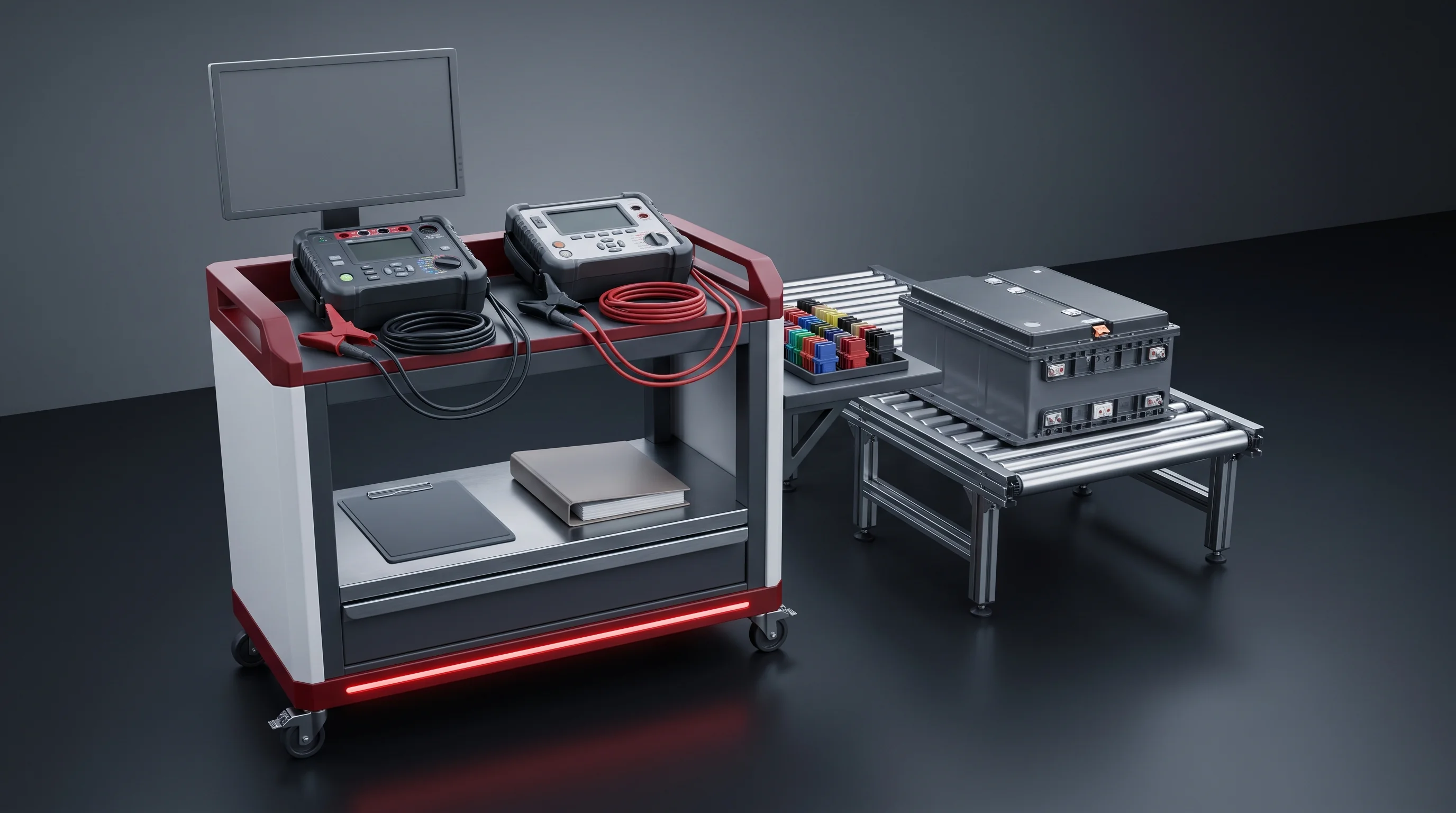 Acceptance instrument cart and record station at the end of a commissioned line