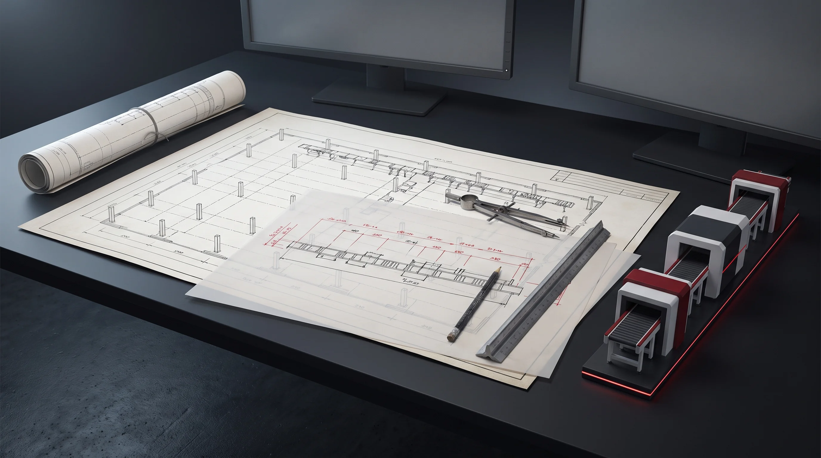 Line layout drawing spread on a desk beside a floor plan and scale rule