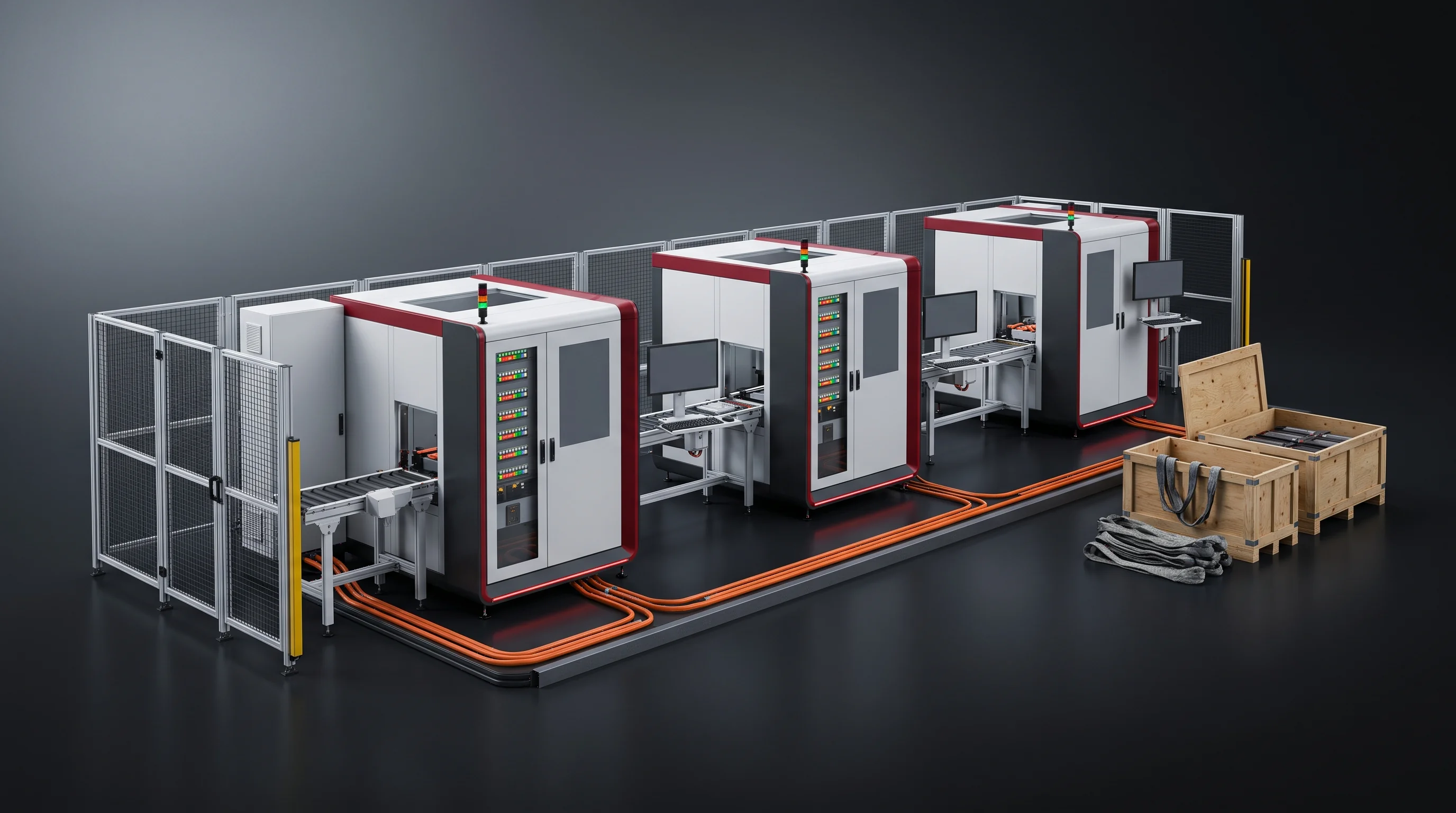 Complete battery assembly line standing powered up in a pre-assembly bay before crating