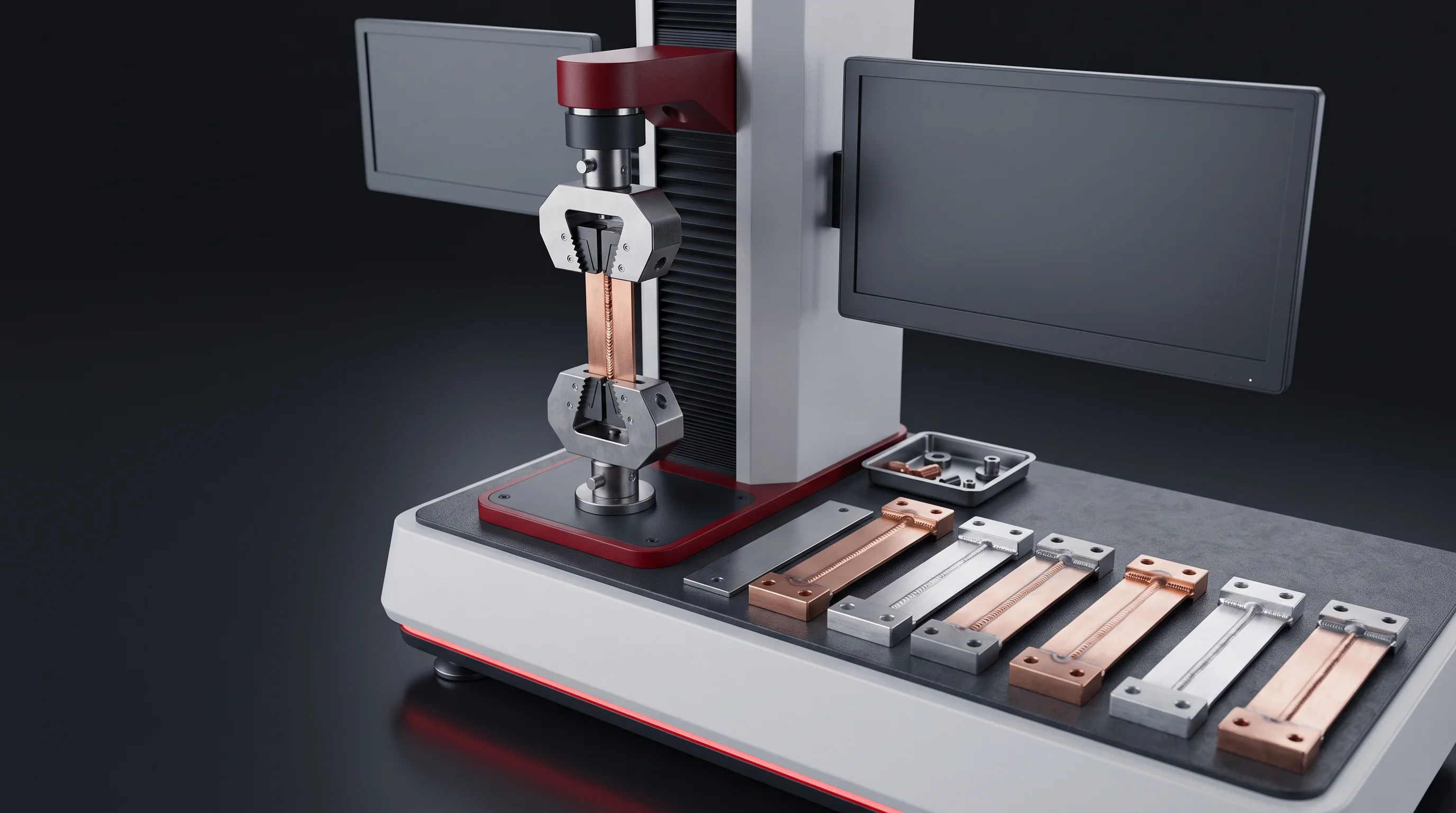 Welded busbar and terminal sample coupons clamped in a tensile pull test fixture