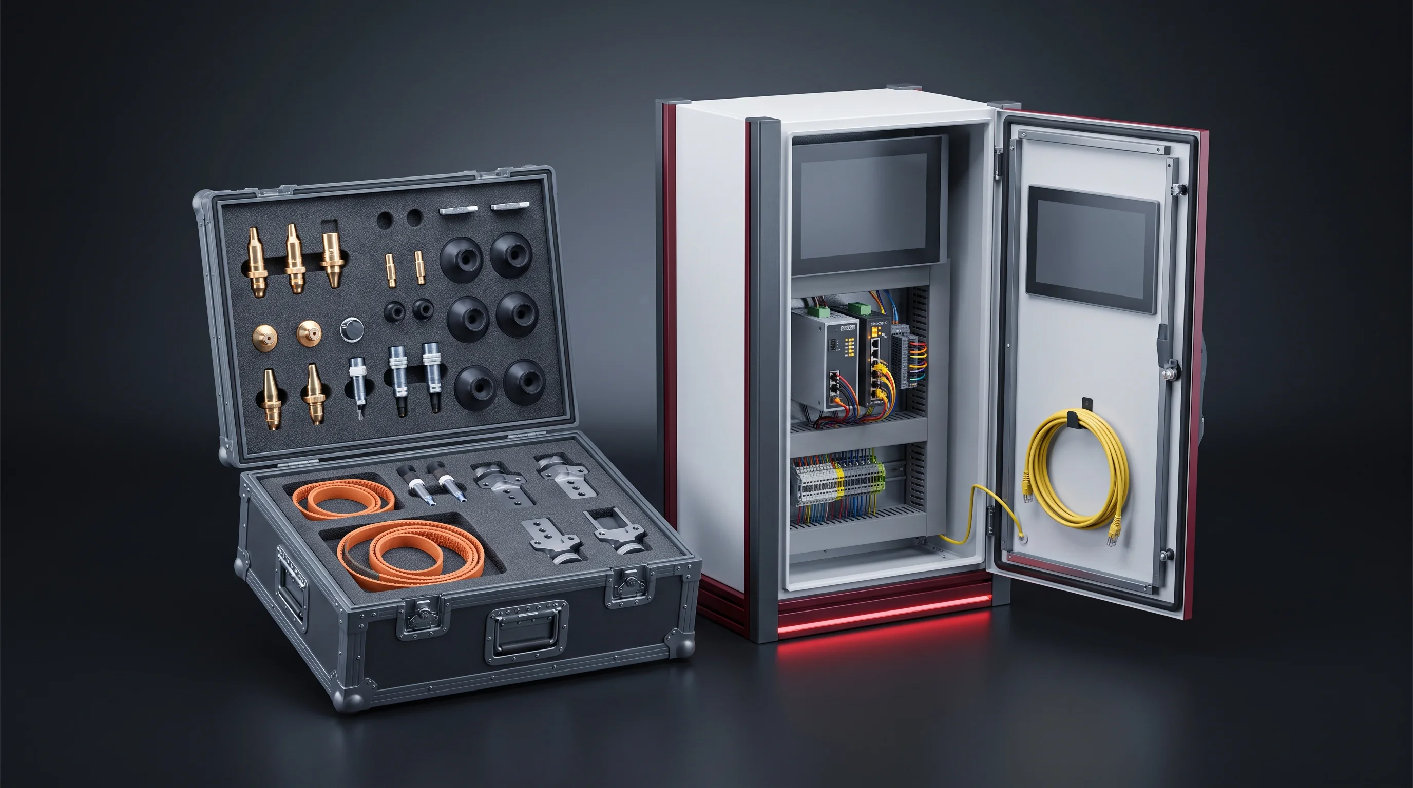 Wear part spares case beside a remote diagnostics control cabinet