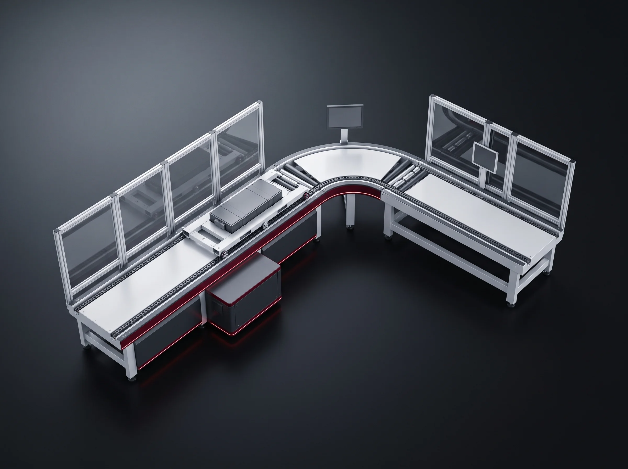 90 degree corner unit of the battery assembly conveyor system with a pallet fixture halfway through the turn