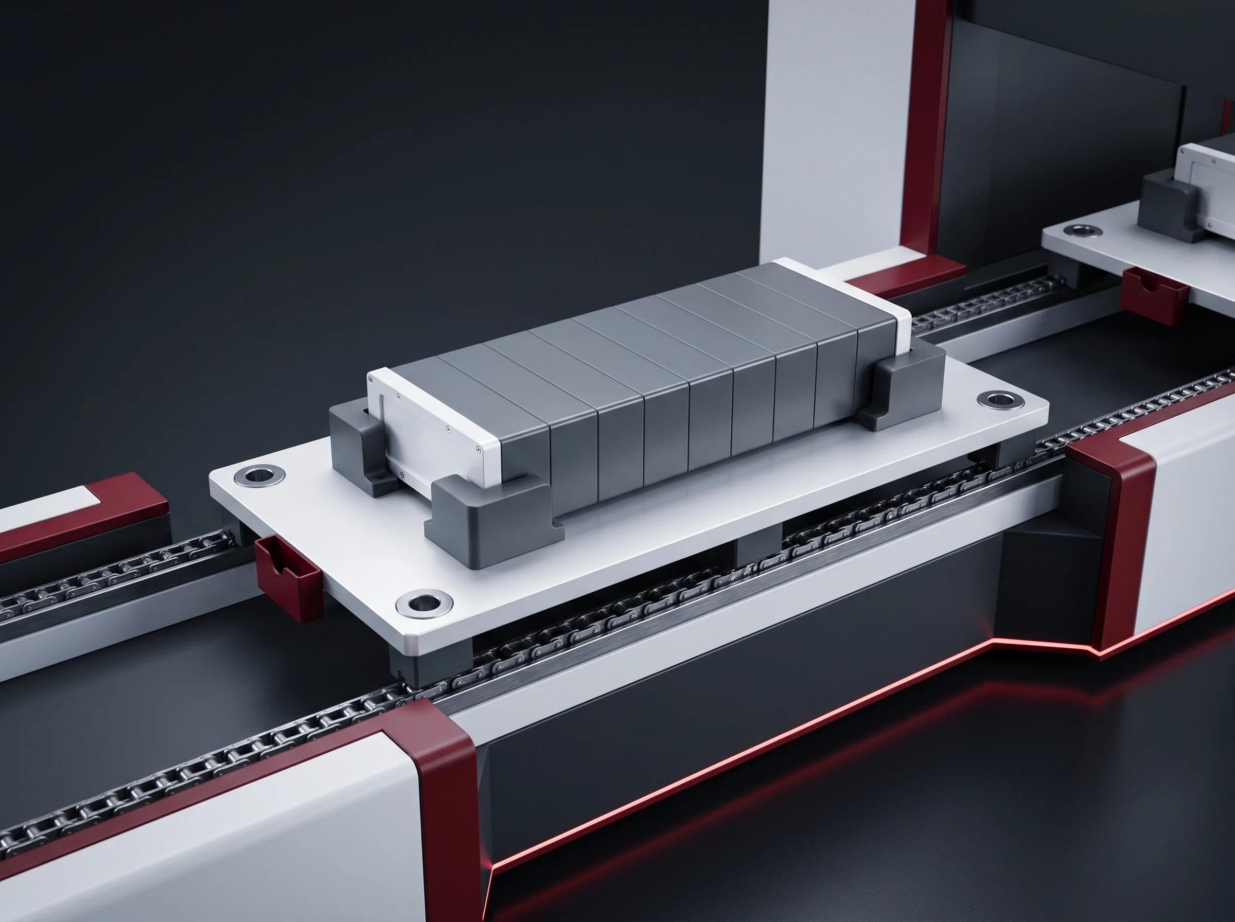 Pallet fixture on the chain with the module held in its locating blocks and the RFID tag on the corner