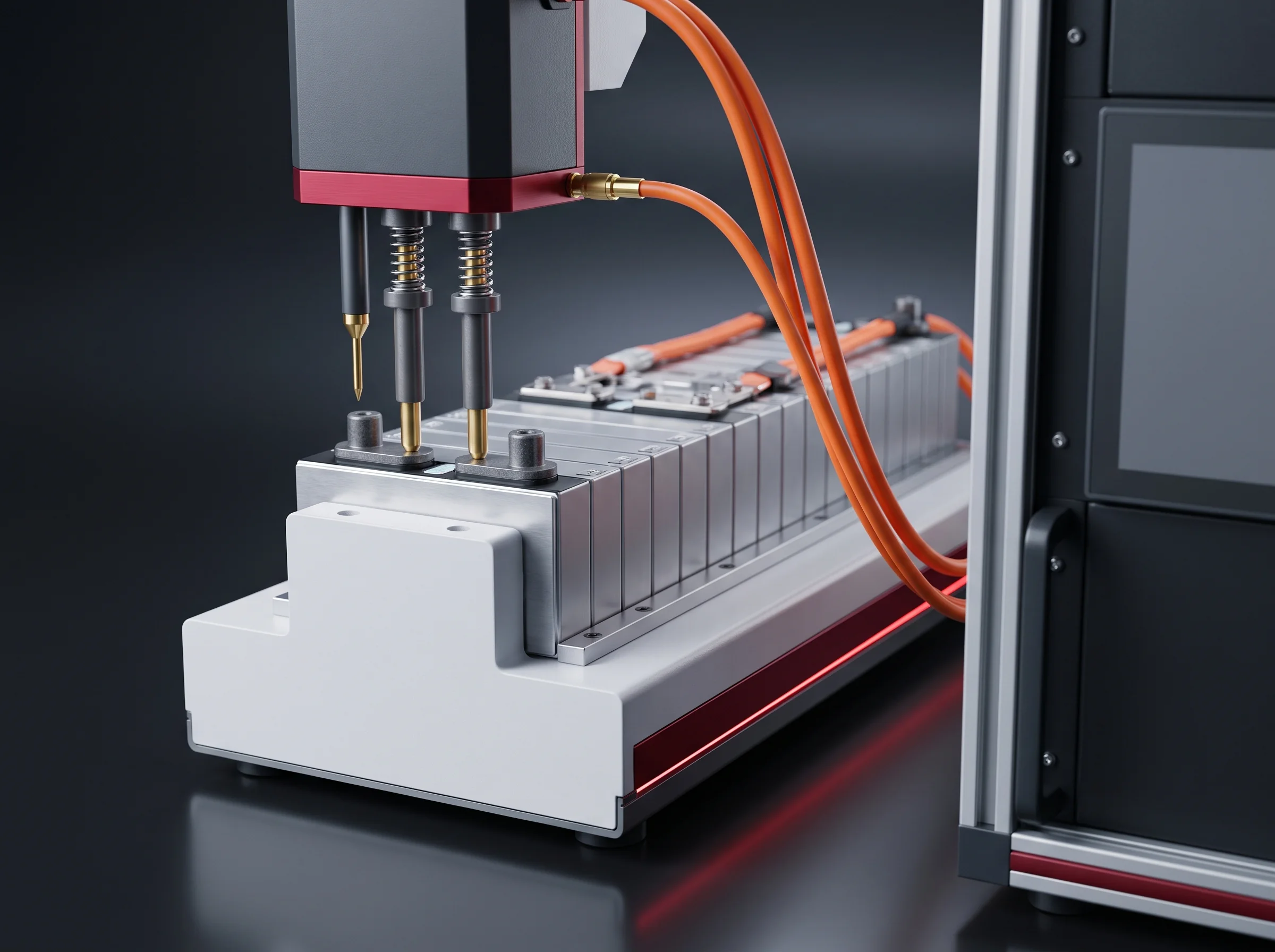 Spring-loaded test probes pressed onto the terminal posts of a finished battery module on its end-of-line test fixture