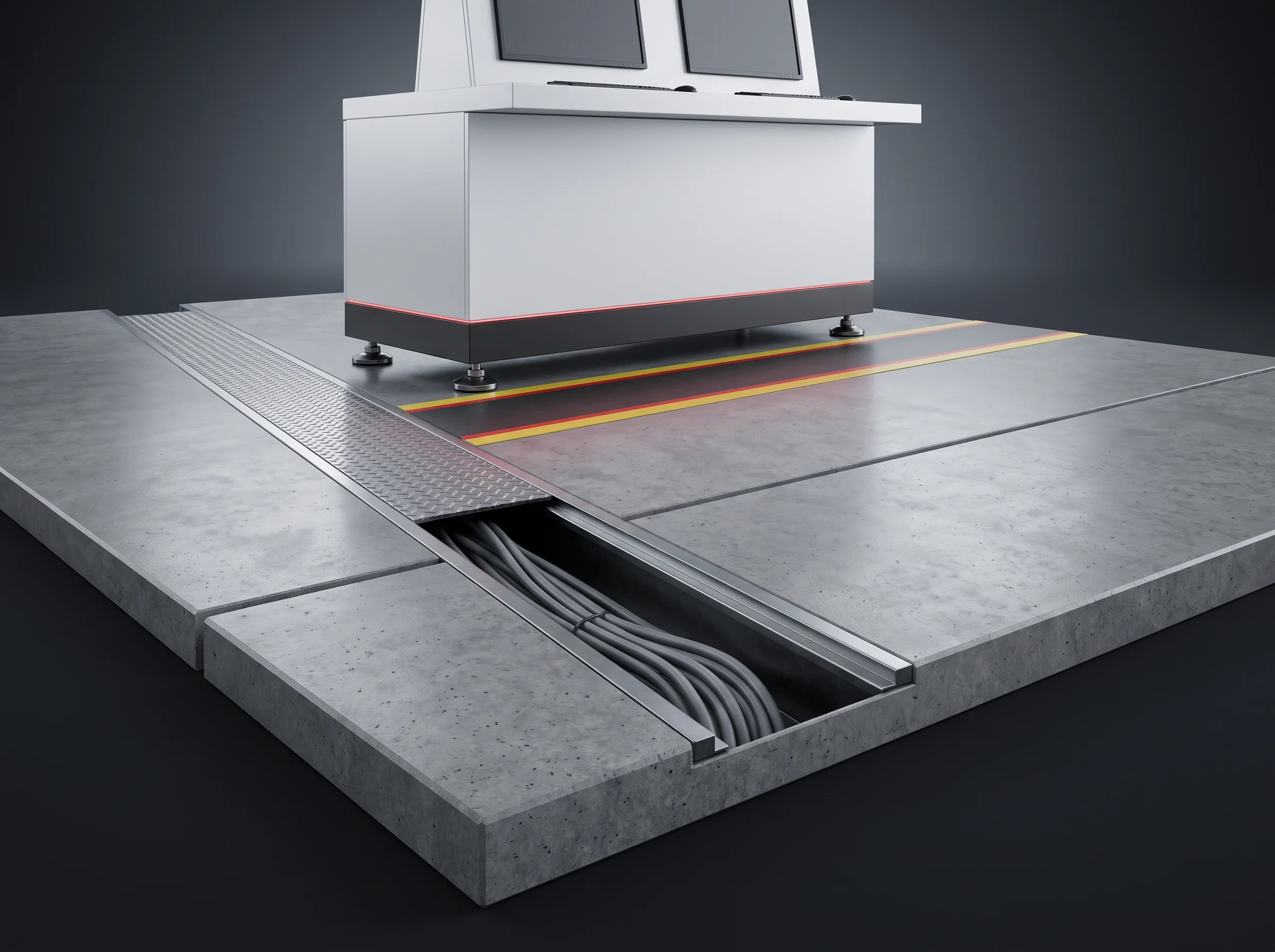 Image slot: a concrete slab with a cable trench and an expansion joint marked out across a line run