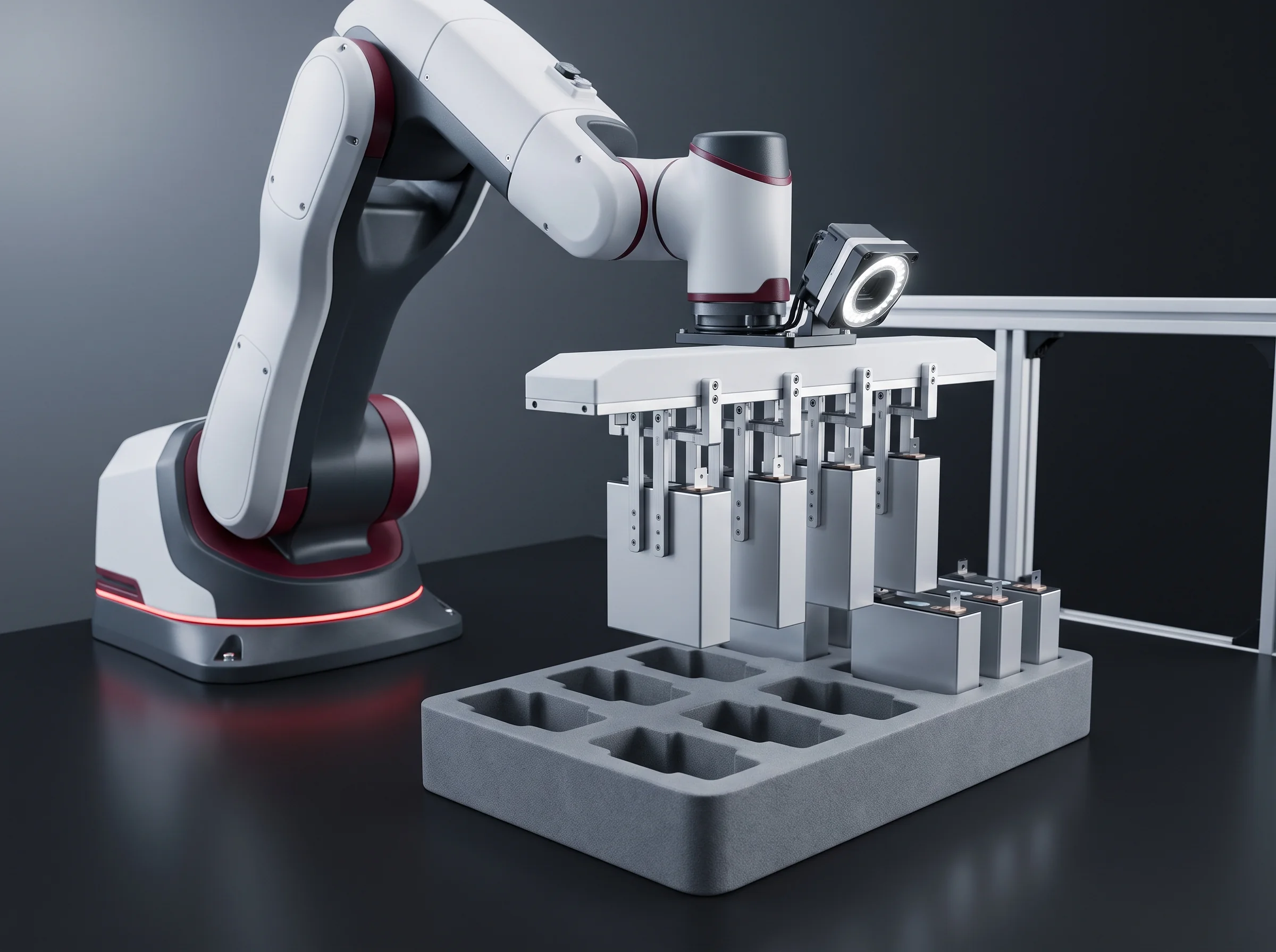 Six-axis robot with a five-finger gripper lifting five prismatic cells off a foam tray
