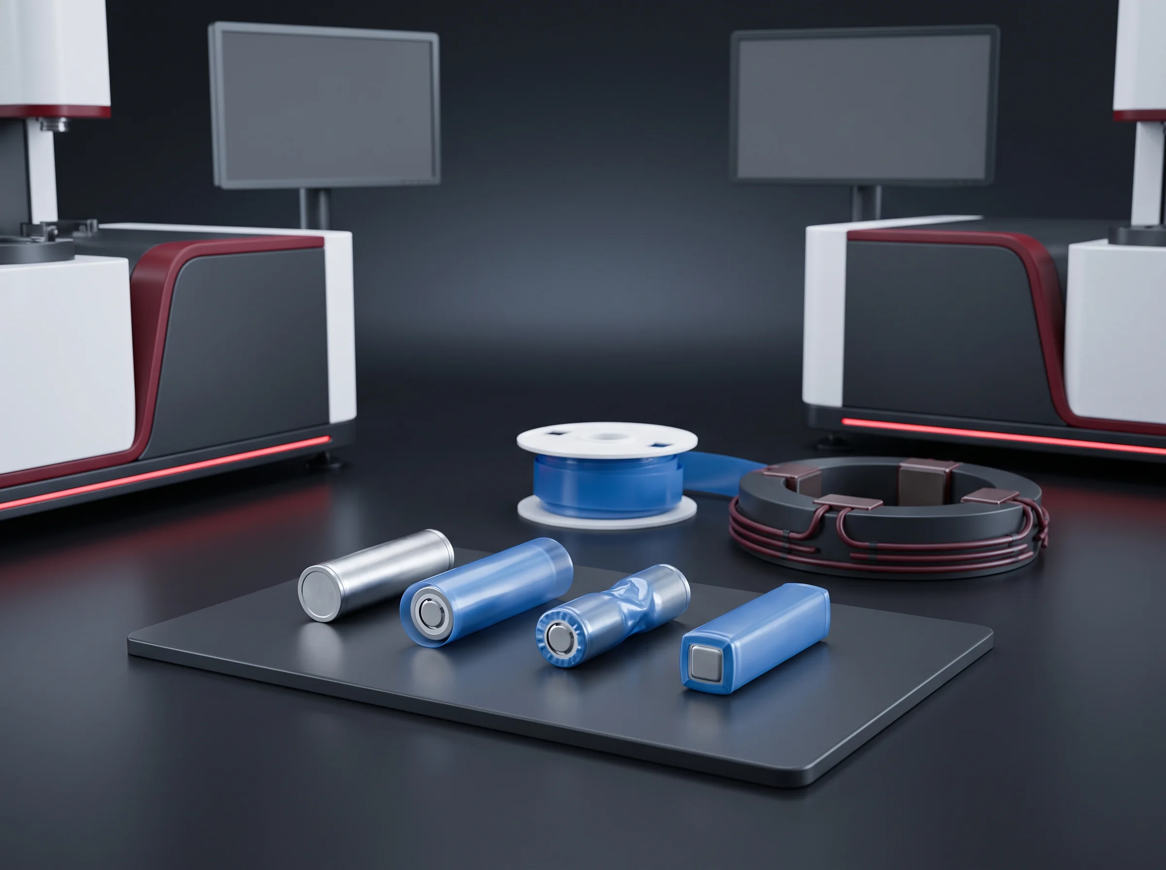 Four stages of PVC tube sleeving and shrinking on a cylindrical cell