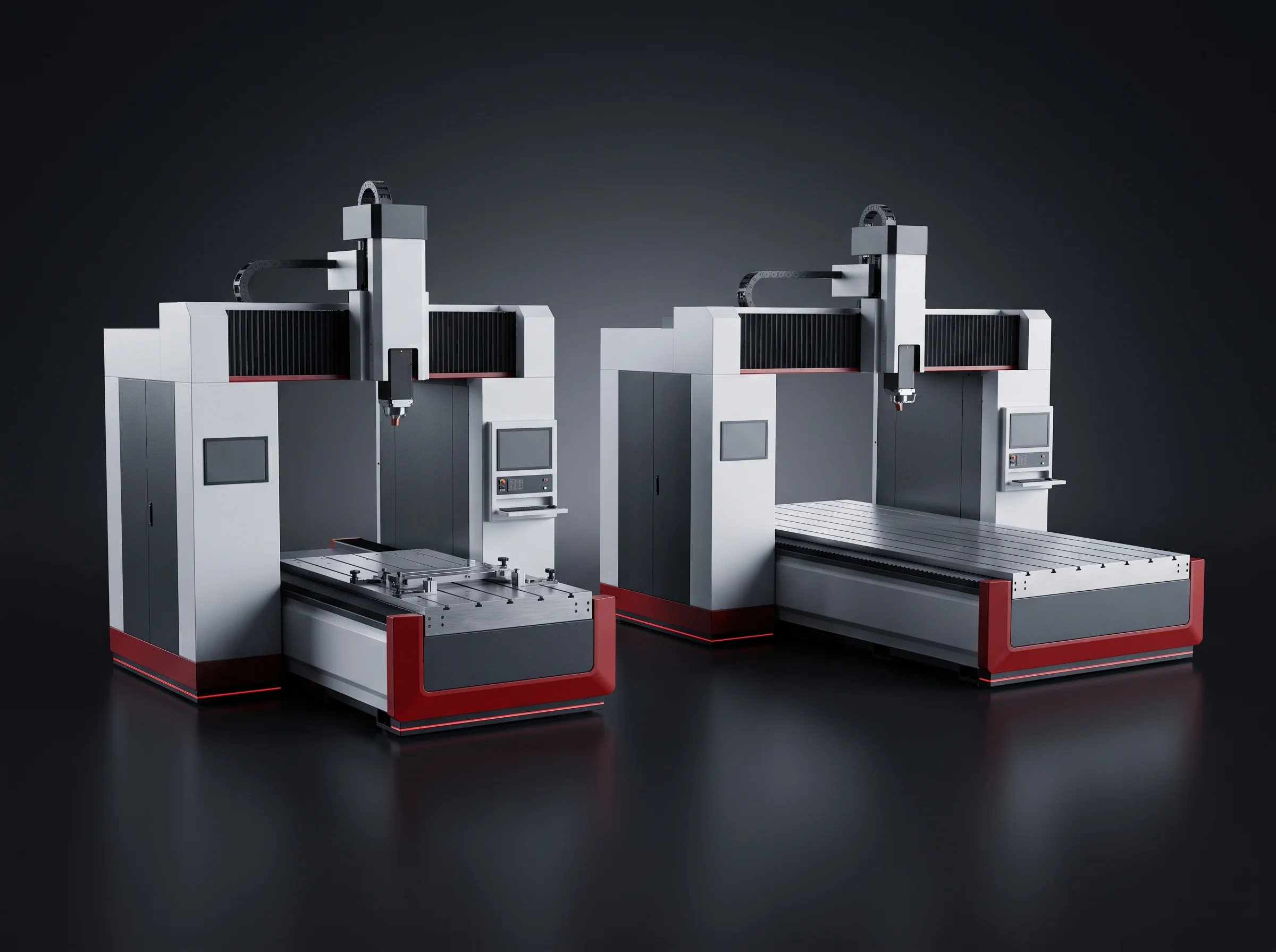 The two gantry machine frames side by side showing the difference in table width and travel