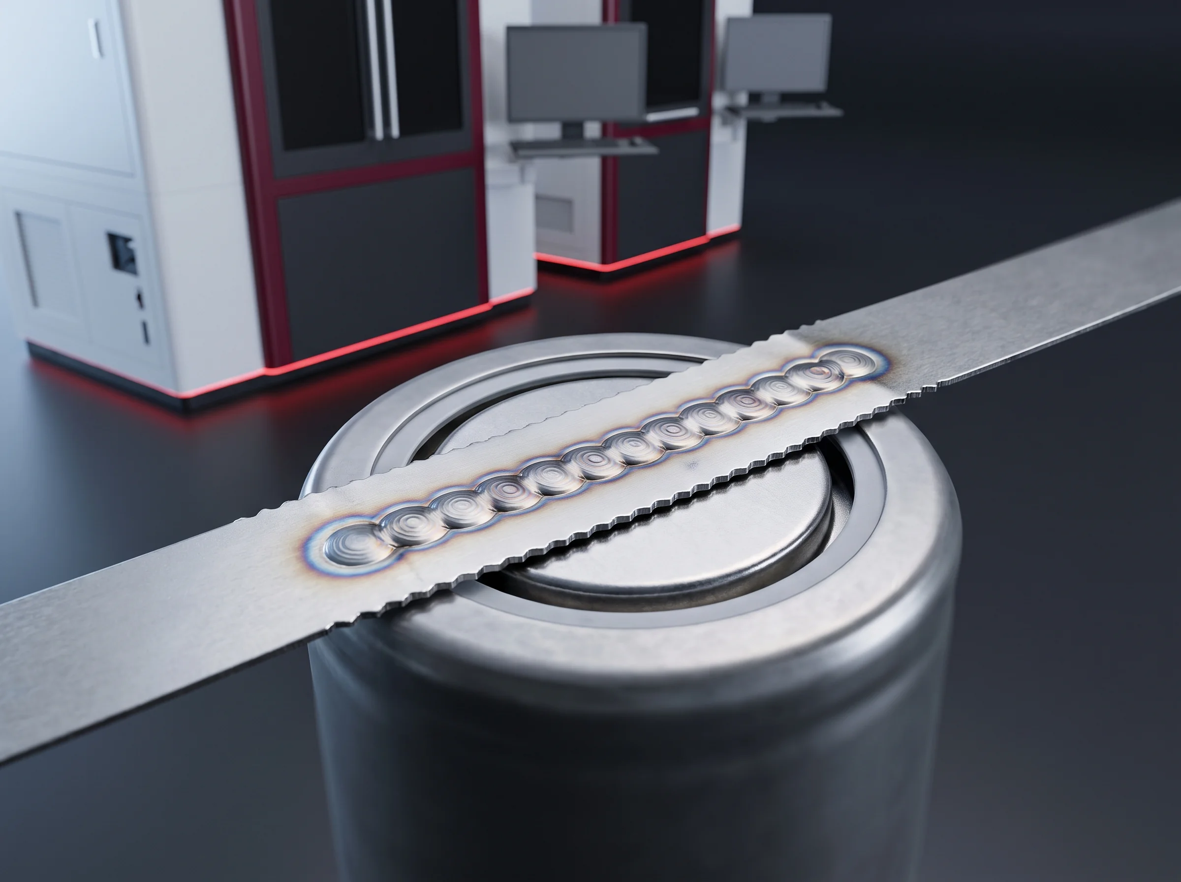 Close-up of a laser weld seam running along a thin nickel strip on a cell terminal