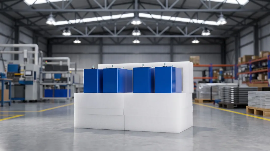 Prismatic cells delivered on protective foam trays before entering the line