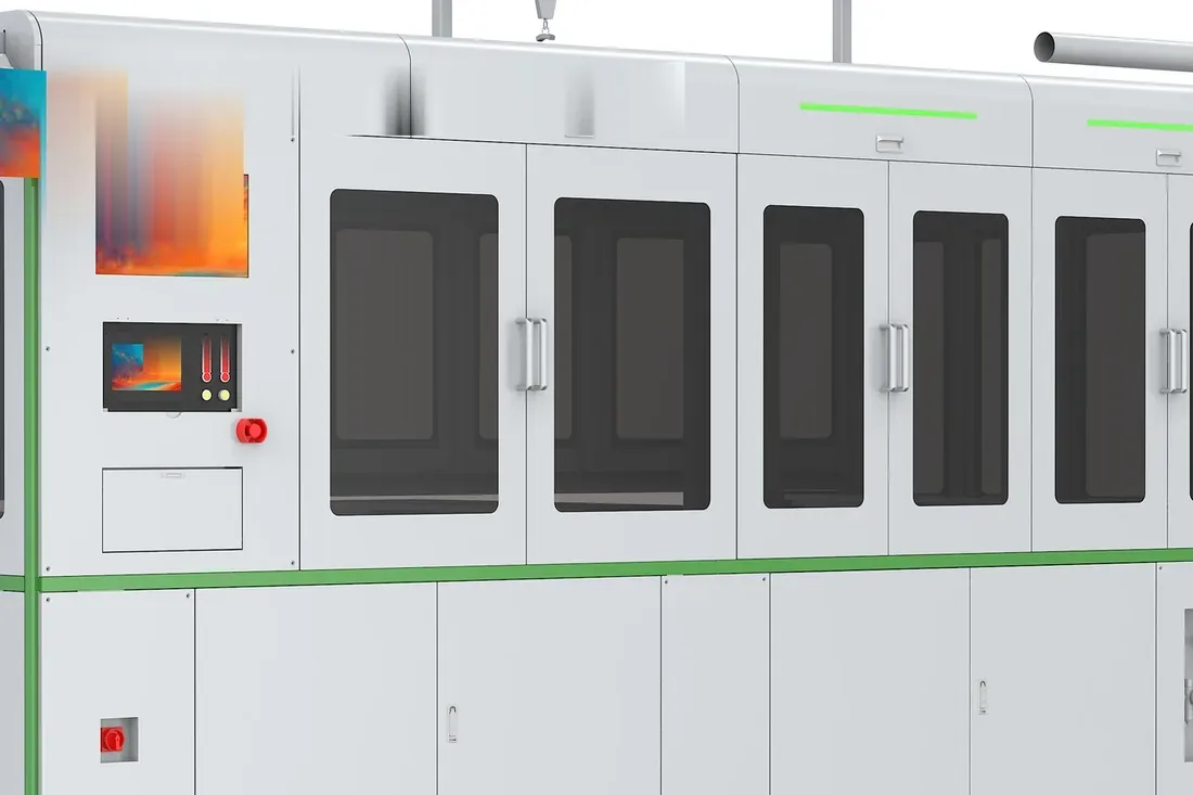 Enclosed laser welding station with control screens along the front