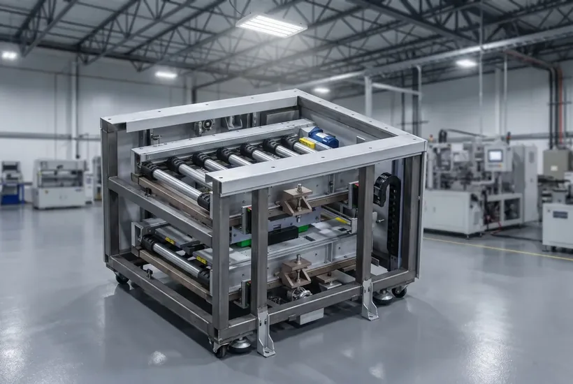 Enclosed automatic welding station behind fixed guarding