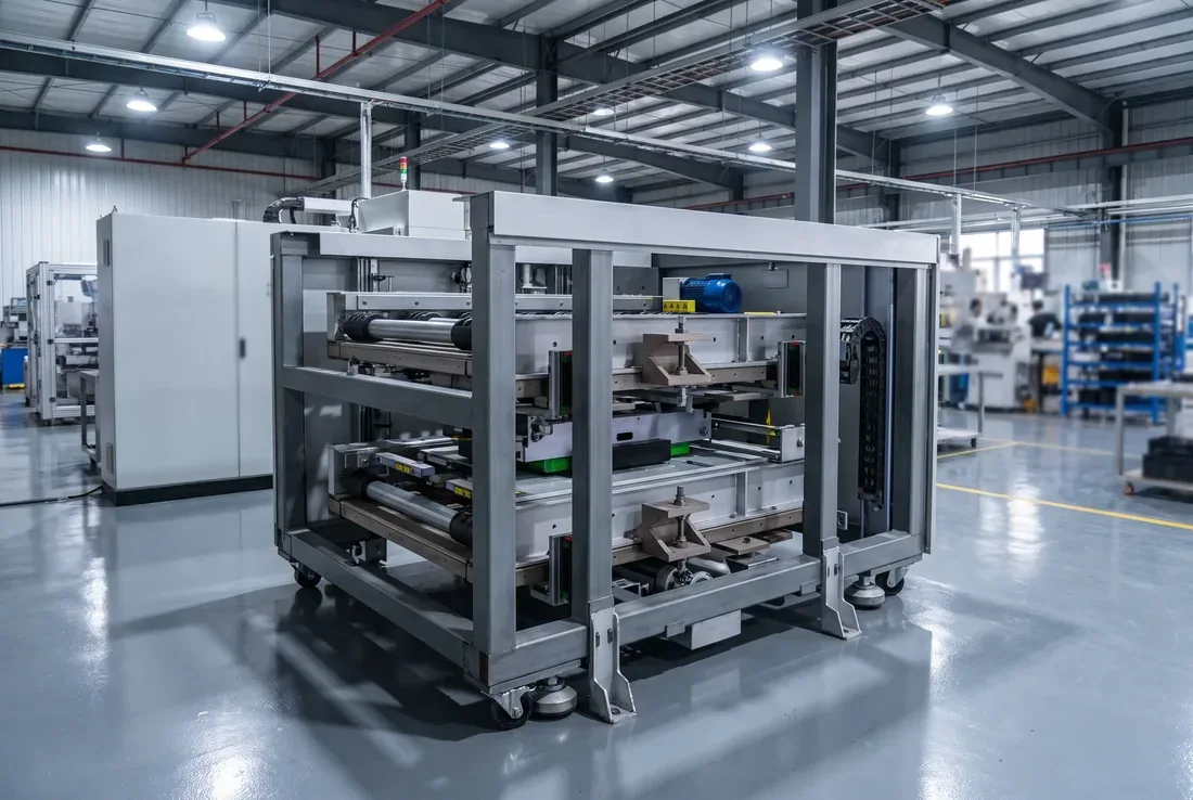 Automated transfer and clamping mechanism inside a machine frame