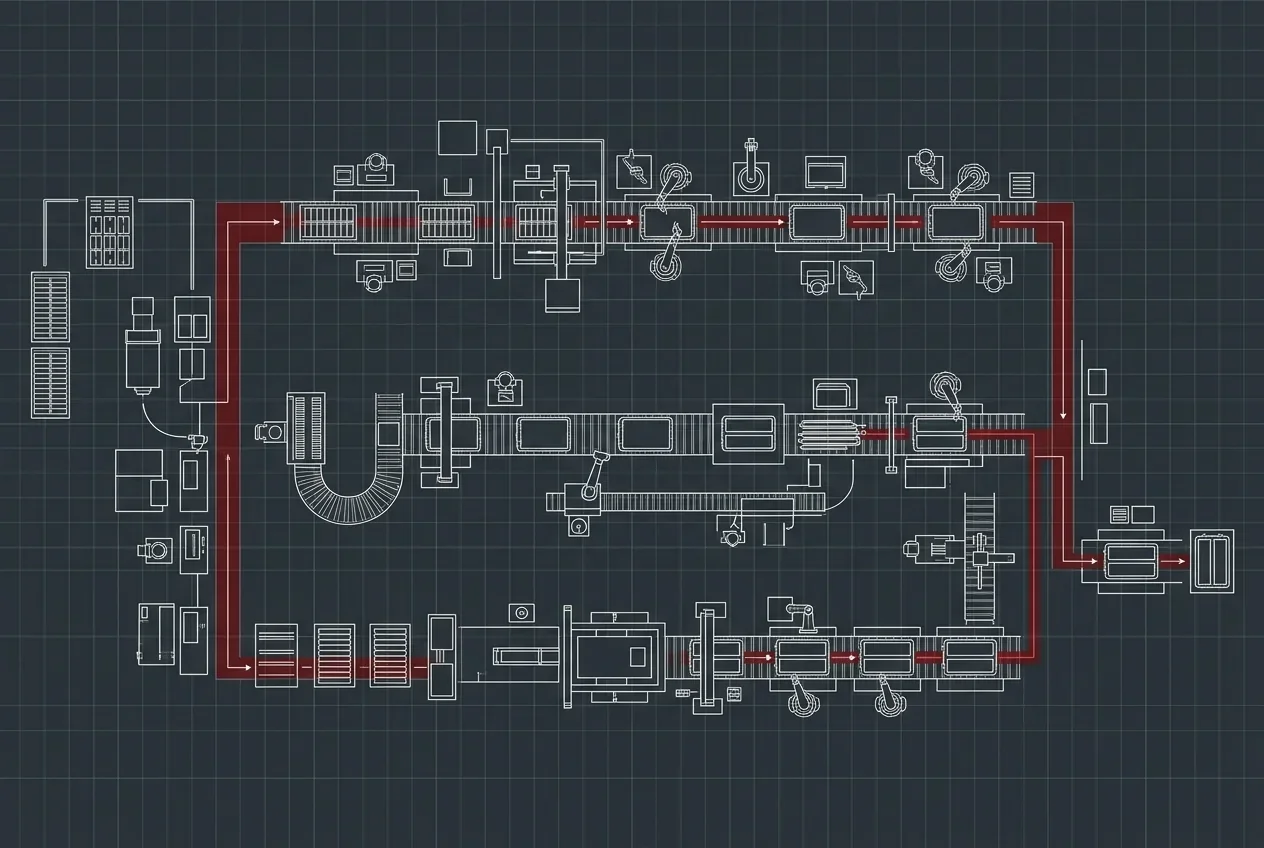 Blueprint-style layout drawing of a module and pack assembly line with the flow path highlightedg