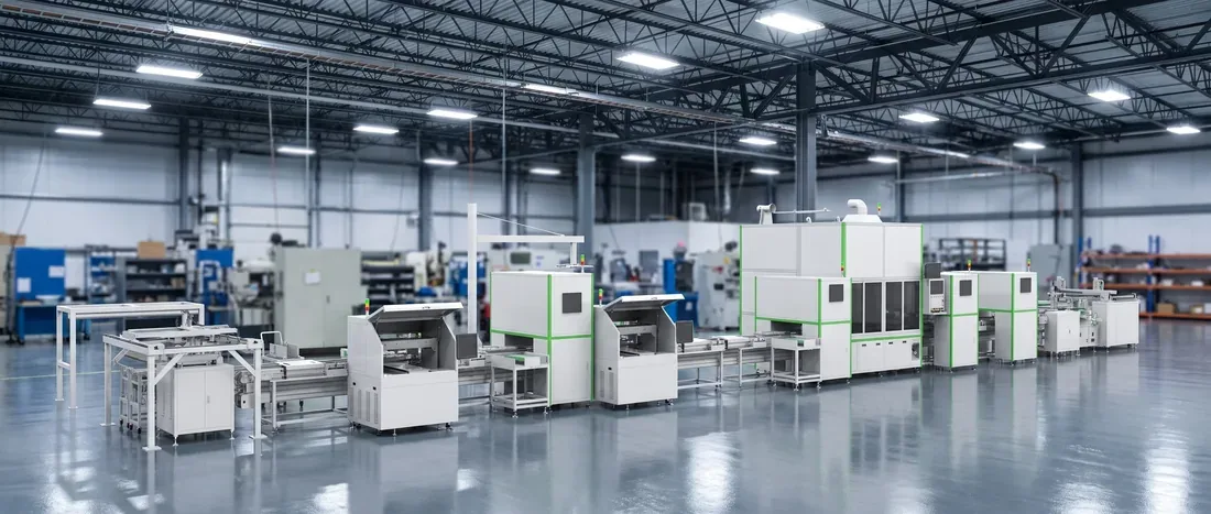 Middle of a module assembly line, gantry and enclosed process cell