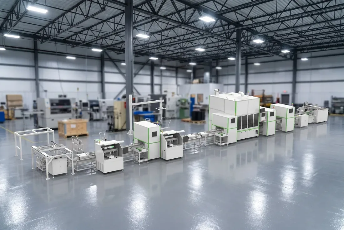 Standard-configuration module and pack line seen along its length